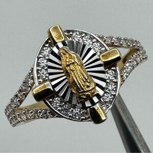 Sterling Silver Gold Plated CZ Virgin Mary Ring Religious Statement Size 8 New